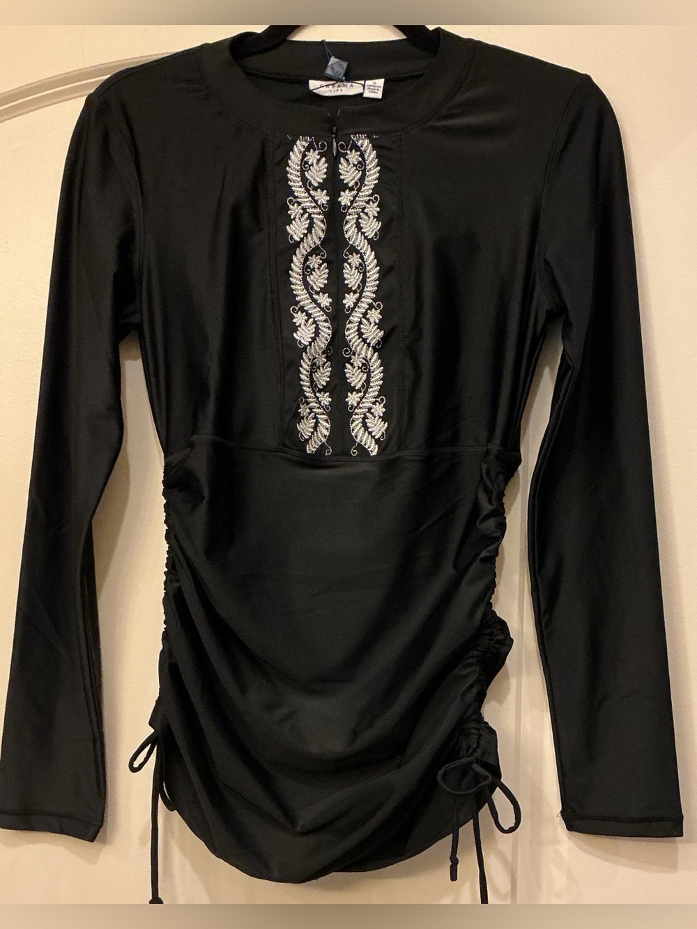 Cabana Life Black Embroidered Convertible Ruched Rashguard UPF50+ Swim Dress S